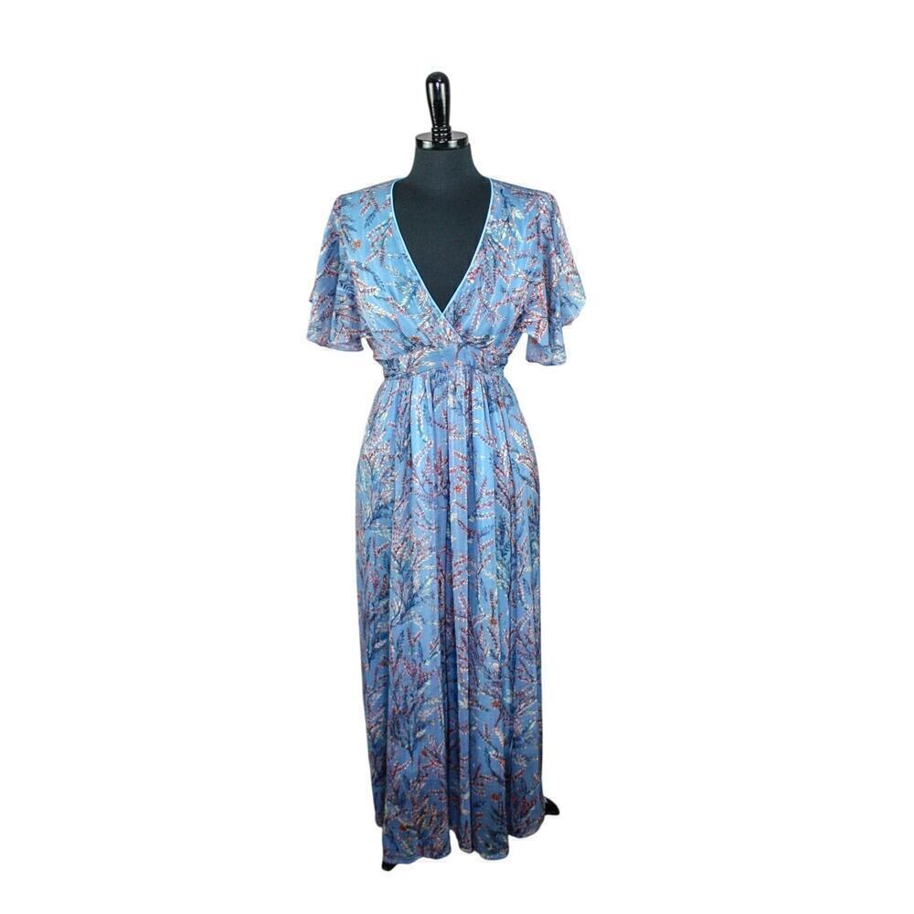Sundance Maxi Dress Layered V Neckline Empire Waist Tie Back Blue M